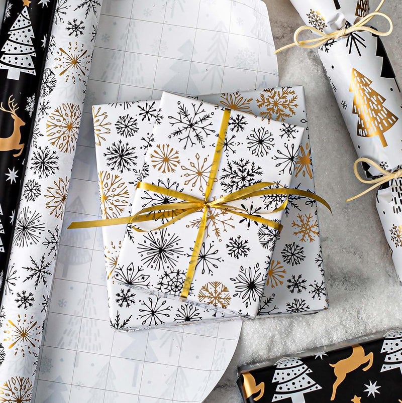 MAYPLUSS Christmas Gift Wrapping Paper Roll - 17 Inch X 33 Feet - Minimalistic Elegant Snowflake Flurry with Gold Design Winter Holiday Gift Wrap Sheet for Party, DIY Crafts & Festive Decoration - Image 3